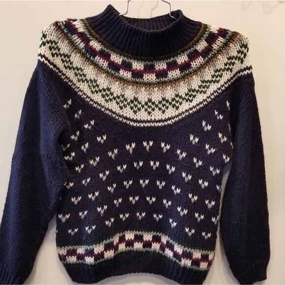 Vintage Currents Custom Knit Turtleneck Sweater Alpine Ski Resort Navy White L - Picture 3 of 11